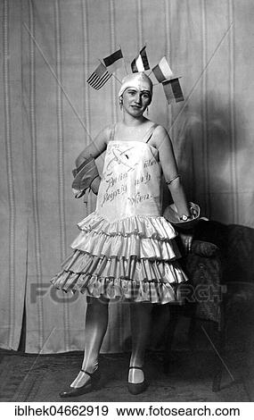 Stock Photo - Woman with flags on her head promoting the flight from Berlin to Vienna via Leipzig, 1920s, Germany, Europe. Fotosearch