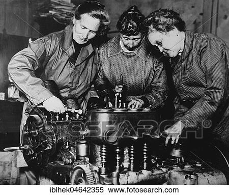 Stock Photography - Women do men's work, repair an engine, 1940s, Germany, Europe. Fotosearch