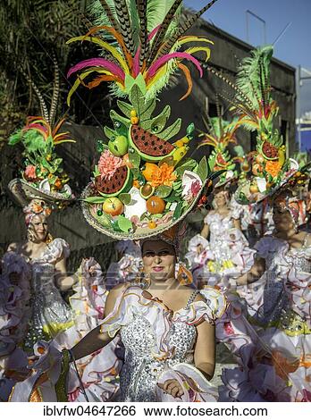 Stock Photograph - Women in colorful costumes, Carnival, Street carnival, Puerto de la Cruz, Tenerife, Canary Islands, Spain, Europe. Fotosearch