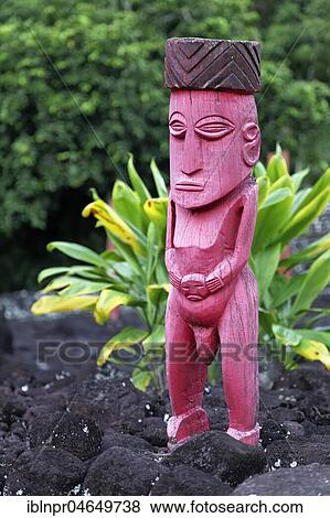 Stock Photo - Wooden statue, Marae Mahaitea, cult site, Tahiti, French Polynesia, Oceania. Fotosearch