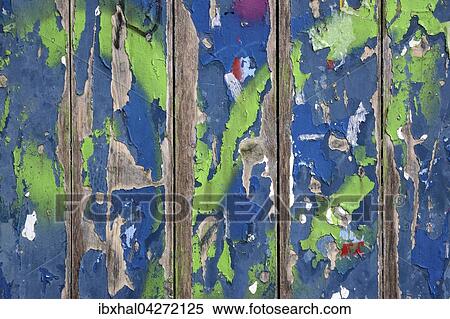 Stock Photography - Abgeblatterte bunte Farbe auf Holzbrettern, Baden-Wurttemberg, Deutschland, Europa. Fotosearch