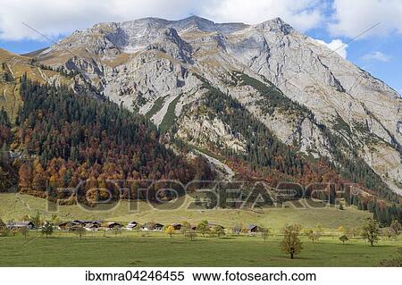 Almdorf Eng, Almhutten vor Herbstwald und Bergmassiv, Eng-Alm, Hinterriss, Karwendelgebirge, Tirol, Osterreich, Europa View Large Photo Image Stock Photography - Almdorf Eng, Almhutten vor Herbstwald und Bergmassiv, Eng-Alm, Hinterriss, Karwendelgebirge, Tirol, Osterreich, Europa. Fotosearch
