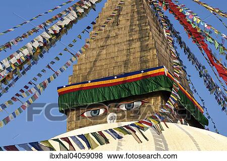 Stock Photo - Augen des Buddha, Bodnath-Stupa, c, Kathmandu, Nepal, Asien. Fotosearch
