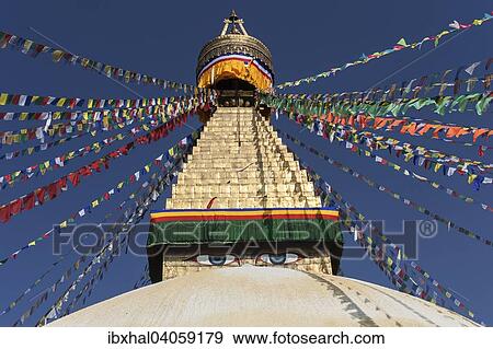 Augen des Buddha, Bodnath-Stupa mit Gebetsfahnen, Bodnath, UNESCO Weltkulturerbe, Kathmandu, Nepal, Asien View Large Photo Image Stock Photo - Augen des Buddha, Bodnath-Stupa mit Gebetsfahnen, Bodnath, UNESCO Weltkulturerbe, Kathmandu, Nepal, Asien. Fotosearch