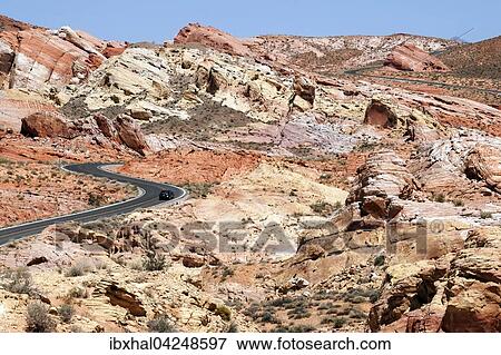 Ausblick auf farbige Sandsteinformationen und Mouse's Tank Road, Valley of Fire State Park, Nevada, USA, Nordamerika View Large Photo Image Stock Photo - Ausblick auf farbige Sandsteinformationen und Mouse's Tank Road, Valley of Fire State Park, Nevada, USA, Nordamerika. Fotosearch