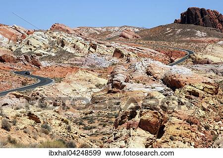 Ausblick auf farbige Sandsteinformationen und Mouse's Tank Road, Valley of Fire State Park, Nevada, USA, Nordamerika View Large Photo Image Stock Photo - Ausblick auf farbige Sandsteinformationen und Mouse's Tank Road, Valley of Fire State Park, Nevada, USA, Nordamerika. Fotosearch