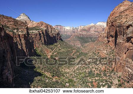 Ausblick vom Canyon Overlook in den Zion Canyon, hinten links Bridge Mountain, Zion Nationalpark, Utah, USA, Nordamerika View Large Photo Image Stock Photo - Ausblick vom Canyon Overlook in den Zion Canyon, hinten links Bridge Mountain, Zion Nationalpark, Utah, USA, Nordamerika. Fotosearch