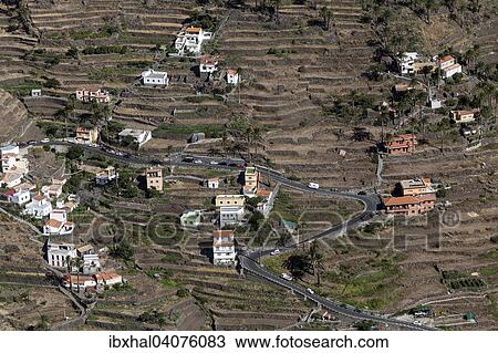 Stock Image - Ausblick vom Mirador Cesar Manrique auf Terrassenfelder und Hauser von Hornillo, Valle Gran Rey, La Gomera, Kanarische Inseln, Spanien, Europa. Fotosearch
