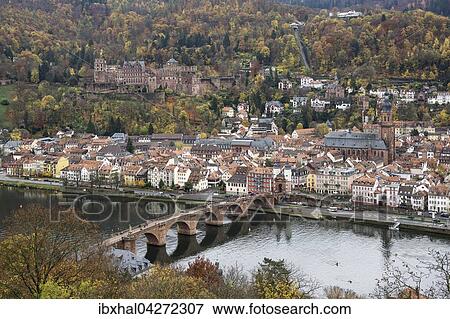 Stock Photo - Ausblick vom Philsophenweg auf Neckar, Alte Brucke, auch Carl-Theodor-Brucke und Altstadt im Herbst, Heidelberg, Baden- Wurttemberg, Deutschland, Europa. Fotosearch