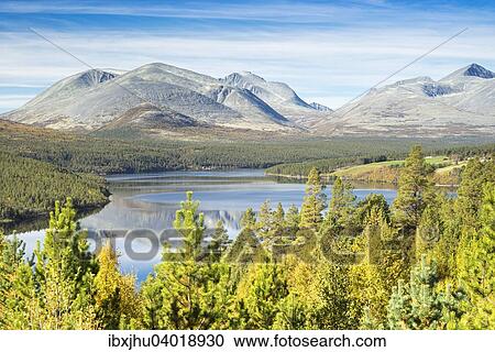 Stock Image - Ausblick vom Sohlbergplassen uber den See Atnsjoen, zum Rondane-Nationalpark, Norwegische Landschaftsroute, Hedmark, Oppland, Norwegen, Europa. Fotosearch