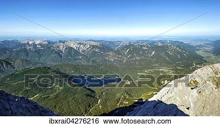Stock Photograph - Ausblick von der Zugspitze auf den Eibsee und die Ammergauer Alpen, Grainau, Werdenfelser Land, Alpen, Oberbayern, Bayern, Deutschland, Europa. Fotosearch