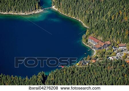 Ausblick von der Zugspitze auf Eibsee, mit Eibsee-Hotel, Grainau, Werdenfelser Land, Oberbayern, Bayern, Deutschland, Europa View Large Photo Image Stock Photo - Ausblick von der Zugspitze auf Eibsee, mit Eibsee-Hotel, Grainau, Werdenfelser Land, Oberbayern, Bayern, Deutschland, Europa. Fotosearch