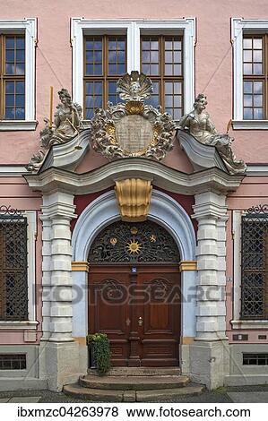 Barockes Eingangsportal der ehemaligen Borse, 1706, mit Skulpturen der Justitia und Gottin der Klugheit, heute Hotel, Untermarkt, Gorlitz, Oberlausitz, Sachsen, Deutschland, Europa View Large Photo Image Stock Photo - Barockes Eingangsportal der ehemaligen Borse, 1706, mit Skulpturen der Justitia und Gottin der Klugheit, heute Hotel, Untermarkt, Gorlitz, Oberlausitz, Sachsen, Deutschland, Europa. Fotosearch