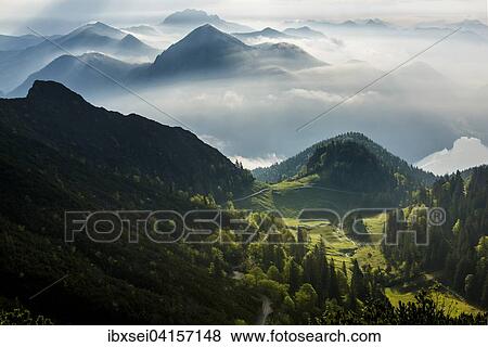 Bergwald mit Bayerischen Alpen fruh am Morgen, Herzogstand, Walchensee, Oberbayern, Bayern, Deutschland, Europa View Large Photo Image Stock Photo - Bergwald mit Bayerischen Alpen fruh am Morgen, Herzogstand, Walchensee, Oberbayern, Bayern, Deutschland, Europa. Fotosearch