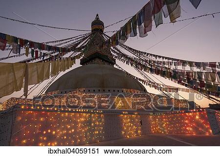 Bodnath-Stupa geschmuckt mit Gebetsfahnen und Lichterketten fur das Vollmondfest, Abendlicht, Bodnath, UNESCO Weltkulturerbe, Kathmandu, Nepal, Asien View Large Photo Image Stock Image - Bodnath-Stupa geschmuckt mit Gebetsfahnen und Lichterketten fur das Vollmondfest, Abendlicht, Bodnath, UNESCO Weltkulturerbe, Kathmandu, Nepal, Asien. Fotosearch