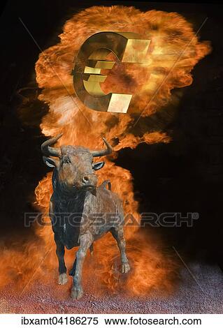 Bulle mit Euro-Zeichen im Feuersturm, Symbolbild Bullenmarkt oder Hausse View Large Photo Image Stock Photography - Bulle mit Euro-Zeichen im Feuersturm, Symbolbild Bullenmarkt oder Hausse. Fotosearch