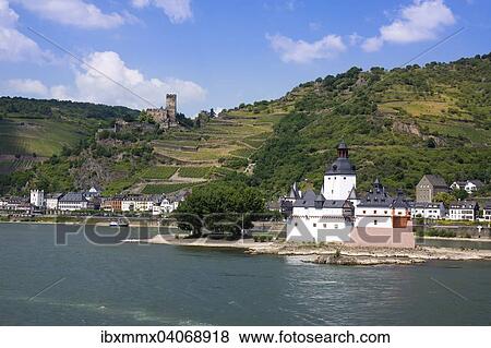Burg Pfalzgrafenstein oder Pfalz bei Kaub, ehemalige Schiffszollburg, hinten Kaub und Burg Gutenfels, UNESCO Weltkulturerbe Oberes Mittelrheintal, bei St. Goarshausen, Rheinland-Pfalz, Deutschland, Europa View Large Photo Image Stock Photo - Burg Pfalzgrafenstein oder Pfalz bei Kaub, ehemalige Schiffszollburg, hinten Kaub und Burg Gutenfels, UNESCO Weltkulturerbe Oberes Mittelrheintal, bei St. Goarshausen, Rheinland-Pfalz, Deutschland, Europa. Fotosearch