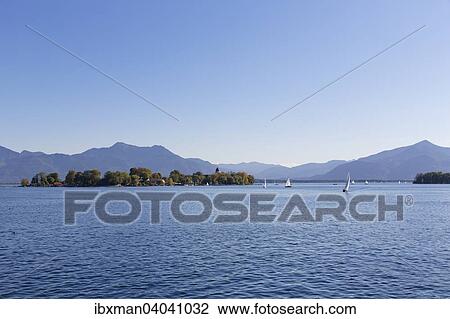 Chiemsee mit Fraueninsel, hinten die Chiemgauer Alpen, Chiemgau, Oberbayern, Bayern, Deutschland, Europa View Large Photo Image Stock Image - Chiemsee mit Fraueninsel, hinten die Chiemgauer Alpen, Chiemgau, Oberbayern, Bayern, Deutschland, Europa. Fotosearch