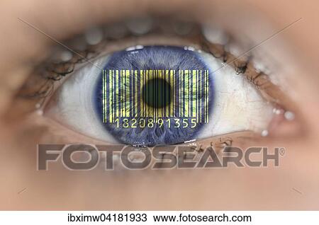 Stock Image - Detailaufnahme Auge mit Barcode EAN, European Article Number, auf Iris, Symbolbild glaserner Kunde. Fotosearch
