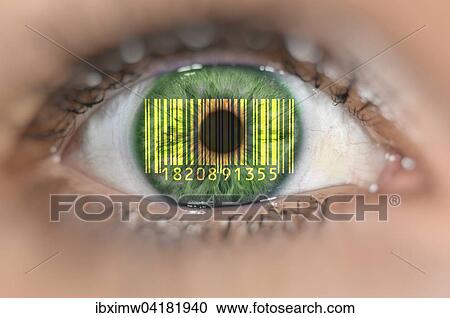 Stock Image - Detailaufnahme Auge mit Barcode EAN, European Article Number, auf Iris, Symbolbild glaserner Kunde. Fotosearch