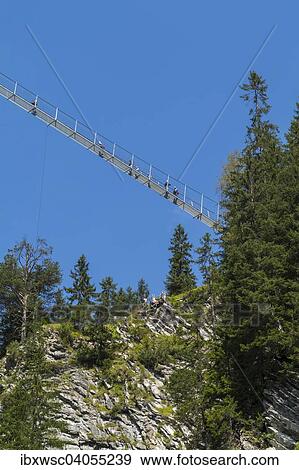 Stock Photo - Die Holzgauer Hangebrucke von unten, mit 200, 5 m Lange, 1, 20 m Breite und 110 m Hohe die langste und hochste Seilhangebrucke in Osterreich, Holzgau, Lechtal, Osterreich, Europa. Fotosearch