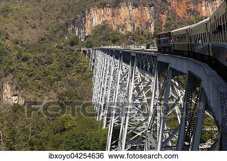 Stock Photograph - Ein Zug uberquert das beruhmte Gokteik Viadukt, 122m hoch, Bahnstrecke von Pyin Oo Lwin nach Hsipaw, Shan, Myanmar, Asien. Fotosearch