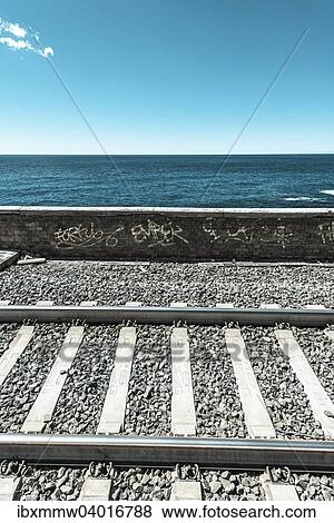 Eisenbahnschienen vor mit Grafitti bespruhter Mauer vor Meer, Cinque Terre, La Spezia, Cinque Terre, Ligurien, Italien, Europa View Large Photo Image Stock Photo - Eisenbahnschienen vor mit Grafitti bespruhter Mauer vor Meer, Cinque Terre, La Spezia, Cinque Terre, Ligurien, Italien, Europa. Fotosearch
