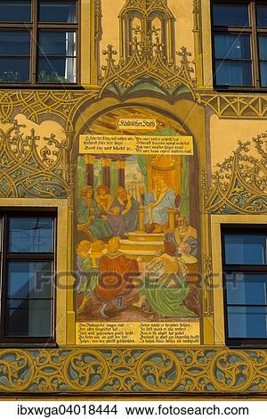 Fassadenbemalung, Freskenzyklus des 16. Jahrhunderts, Ulmer Rathaus, Ulm, Schwabische Alb, Baden-Wurttemberg, Deutschland, Europa View Large Photo Image Picture - Fassadenbemalung, Freskenzyklus des 16. Jahrhunderts, Ulmer Rathaus, Ulm, Schwabische Alb, Baden-Wurttemberg, Deutschland, Europa. Fotosearch