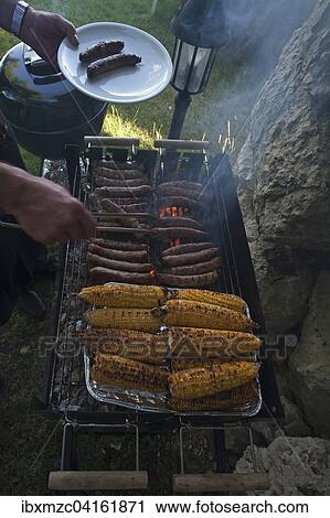 Stock Image - Fertige Bratwurstchen und Maiskolben auf dem Grill, Deutschland, Europa. Fotosearch