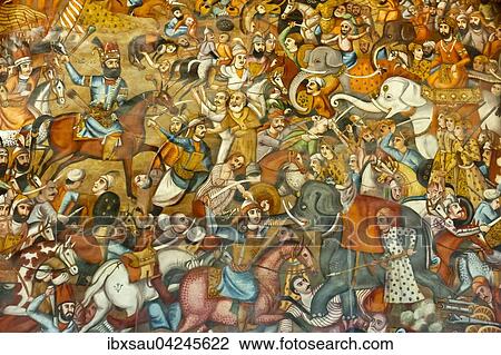 Stock Image - Fresko, Schlacht, Kampf von Nadir Shah in der Schlacht von Karnal, 1739, auf Pferd gegen Sultan Mohammed Shah Gurkani auf weissem Elefant, Tschehel Sotun oder Chehel Sotoun, Vierzigsaulenpalast, Isfahan, Iran. Fotosearch