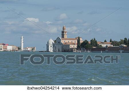 Friedhofsinsel San Michele, Renaissancekirche San Michele in Isola und sechseckige Cappella Emiliani, hinten Leuchtturm von Murano, Lagune von Venedig, Venetien, Italien, Europa View Large Photo Image Picture - Friedhofsinsel San Michele, Renaissancekirche San Michele in Isola und sechseckige Cappella Emiliani, hinten Leuchtturm von Murano, Lagune von Venedig, Venetien, Italien, Europa. Fotosearch