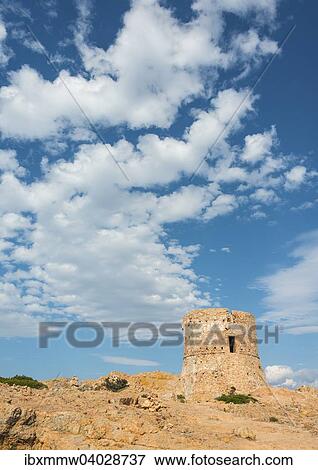 Stock Photo - Genueserturm mit Wolken, Golf von Porto, Korsika, Frankreich, Europa. Fotosearch
