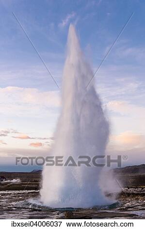 Stock Photo - Geysir, bei Sonnenaufgang, Geysir, Island, Europa. Fotosearch