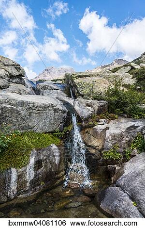 Stock Photograph - Gumpe mit kleinem Wasserfall im Gebirge, Fluss Golo, Regionaler Naturpark Korsika, Parc naturel regional de Corse, Korsika, Frankreich, Europa. Fotosearch