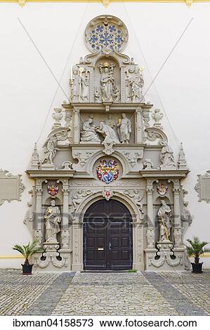 Stock Image - Hauptportal von Wallfahrtskirche Maria im Sand, Dettelbach, Mainfranken, Unterfranken, Franken, Bayern, Deutschland, Europa. Fotosearch