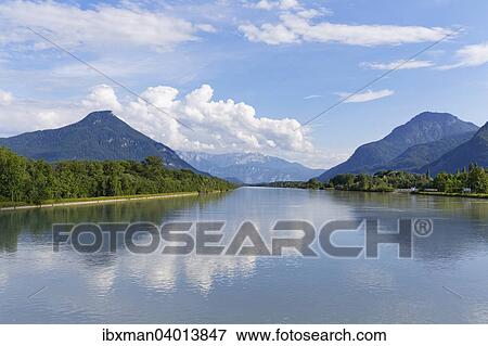 Stock Photo - Inn, links Kranzhorn, rechts Wildbarren, bei Nussdorf am Inn, Oberbayern, Bayern, Deutschland, Europa. Fotosearch