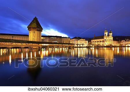 Kapellbrucke mit Wasserturm und Jesuitenkirche an der Reuss in der Dammerung, Altstadt, Luzern, Kanton Luzern, Schweiz, Europa View Large Photo Image Stock Image - Kapellbrucke mit Wasserturm und Jesuitenkirche an der Reuss in der Dammerung, Altstadt, Luzern, Kanton Luzern, Schweiz, Europa. Fotosearch