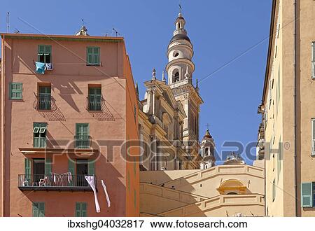 Stock Photo - Kirche St-Michel-Archange, Menton, Cote d'Azur, Provence-Alpes-Cote d'Azur, Frankreich, Europa. Fotosearch