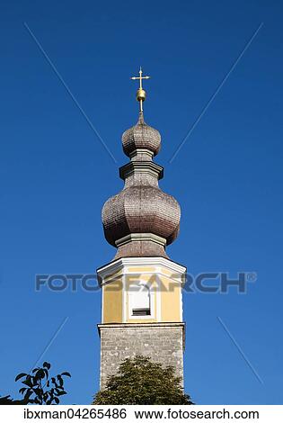 Stock Photograph - Kirchturm, Kirche Mariae Himmelfahrt in Burg bei Tengling, Rupertiwinkel, Chiemgau, Oberbayern, Bayern, Deutschland, Europa. Fotosearch