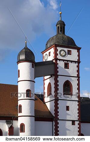 Stock Photo - Kirchturme der Pfarrkirche St. Augustinus, Dettelbach, Mainfranken, Unterfranken, Franken, Bayern, Deutschland, Europa. Fotosearch