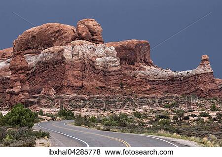 kurvige Strasse, Arches Scenic Drive, hinten Rock Pinnacles, Gewitterstimmung, Gewitterwolken, Arches National Park, Utah, USA, Nordamerika View Large Photo Image Stock Photo - kurvige Strasse, Arches Scenic Drive, hinten Rock Pinnacles, Gewitterstimmung, Gewitterwolken, Arches National Park, Utah, USA, Nordamerika. Fotosearch