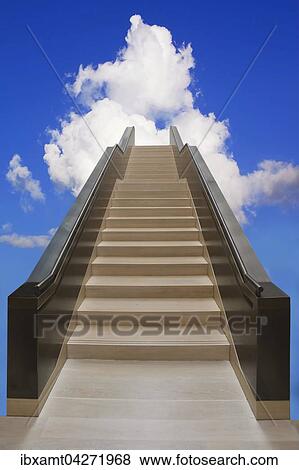 Lange Treppe fuhrt nach oben in blauen Himmel mit weissen Wolken, Konzept, Symbolfoto Erfolg, Composing View Large Photo Image Stock Photo - Lange Treppe fuhrt nach oben in blauen Himmel mit weissen Wolken, Konzept, Symbolfoto Erfolg, Composing. Fotosearch