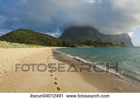 Stock Image - Leerer Strand mit Mount Lidgbird und Mount Gower, Lord Howe Island, New South Wales, Australien, Ozeanien. Fotosearch