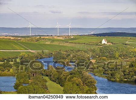 Stock Photo - Main in der Mainschleife, hinten Kirche Maria im Weingarten, Volkach, Mainfranken, Unterfranken, Franken, Bayern, Deutschland, Europa. Fotosearch
