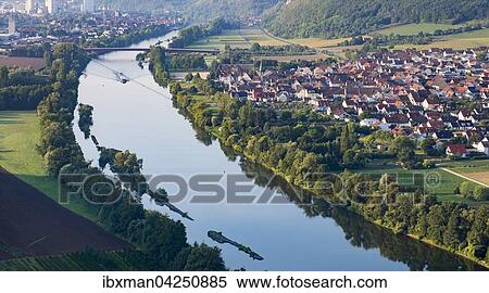 Stock Photography - Main mit Stadtteil Karlburg, Karlstadt, gesehen vom Grainberg, Unterfranken, Franken, Bayern, Deutschland, Europa. Fotosearch
