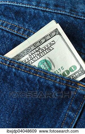 Nahaufnahme, 100-Dollar-Scheine ragen aus der Gesasstasche einer blauen Jeans hervor View Large Photo Image Stock Photo - Nahaufnahme, 100-Dollar-Scheine ragen aus der Gesasstasche einer blauen Jeans hervor. Fotosearch