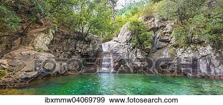 Stock Photo - Oberer Flusslauf der Solenzara, grosse Gumpe mit Wasserfall im Wald, Korsika, Frankreich, Europa. Fotosearch
