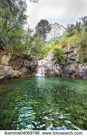 Stock Photograph - Oberer Flusslauf der Solenzara, grosse Gumpe mit Wasserfall im Wald, Korsika, Frankreich, Europa. Fotosearch