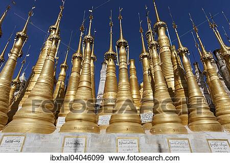 Stock Photo - Pagoden, goldene Stupas, bei Indein, Shan-Staat, Myanmar, Asien. Fotosearch