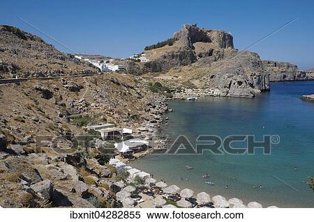 Paulusbucht, hinten Akropolis von Lindos, Lindos, Rhodos, Dodekanes, Griechenland, Europa View Large Photo Image Stock Photography - Paulusbucht, hinten Akropolis von Lindos, Lindos, Rhodos, Dodekanes, Griechenland, Europa. Fotosearch